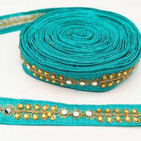 Thumbnail for Cyan Blue Art Silk Trim With Kundan Stones, Beads And Mirrors Embellishments, Approx. 22mm