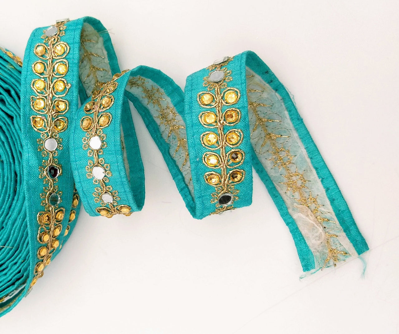 Cyan Blue Art Silk Trim With Kundan Stones, Beads And Mirrors Embellishments, Approx. 22mm