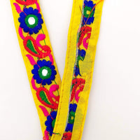 Thumbnail for Yellow Floral Mirrored Trim With Royal Blue Flowers And Red Paisley Embroidery, Decorative Trimming, Trim By 3 Yards