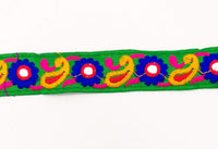 Thumbnail for Green Floral Mirrored Trim With Royal Blue Flowers And Yellow Paisley Embroidery, Decorative Trimming, Trim By 3 Yards