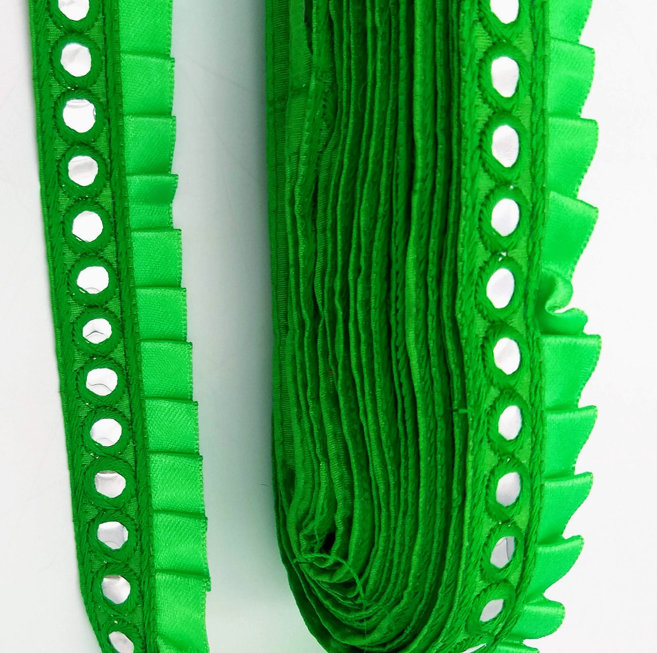 Green Satin Pleated Lace Trim, Mirrored Fringe Trimming, Approx. 30mm wide