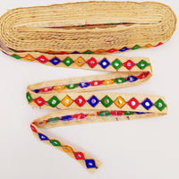 Thumbnail for Wholesale Beige Cotton Fabric Mirrored Trim With Embroidery In Yellow, Blue, Red & Green Threads