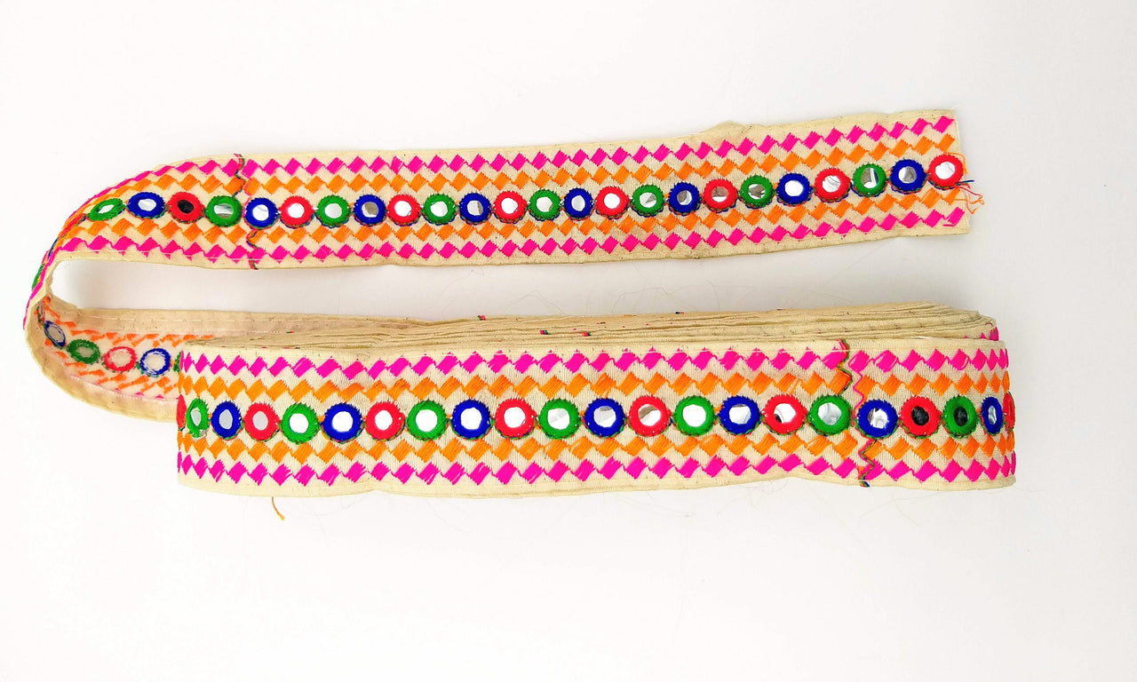 Beige Multicoloured Indian Mirror Trim, Kutch Embroidered Navratri Garba Dress Trim Bridal Lace, Indian Sari Border 38 mm Wide Trim Per Yard