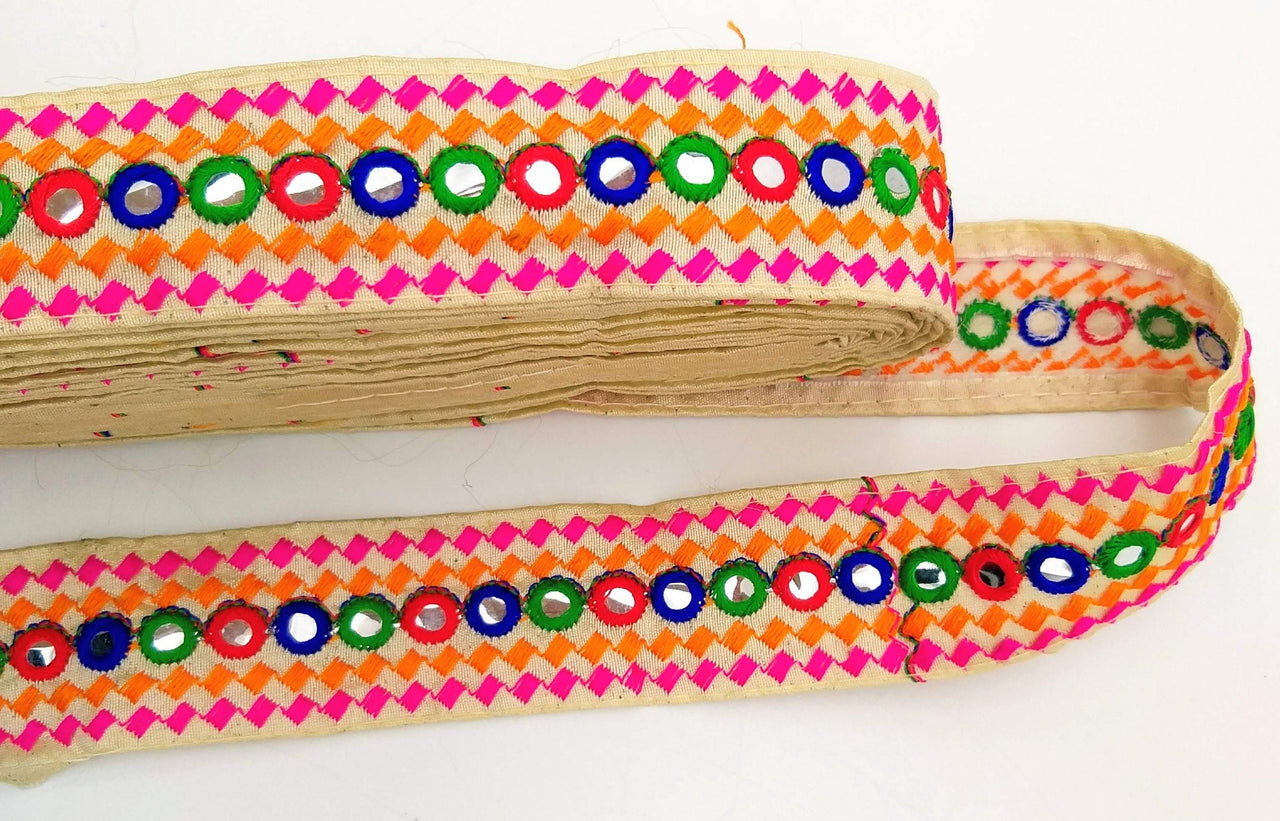 Beige Multicoloured Indian Mirror Trim, Kutch Embroidered Navratri Garba Dress Trim Bridal Lace, Indian Sari Border 38 mm Wide Trim Per Yard