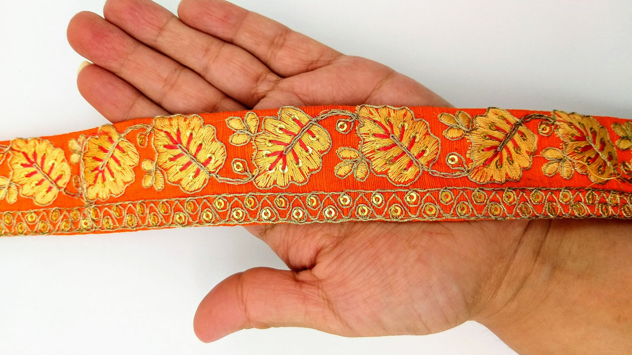 Orange Trim with Floral Embroidery Beige Embroidered Leaves Trim, Decorative Trim, Indian Border