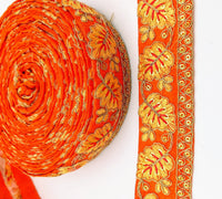 Thumbnail for Orange Trim with Floral Embroidery Beige Embroidered Leaves Trim, Decorative Trim, Indian Border