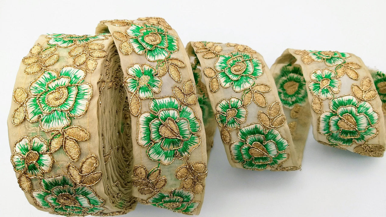 Green and Gold Floral Embroidery Trimming, Embroidered Roses Flowers Trim, Sheer Fabric Lace