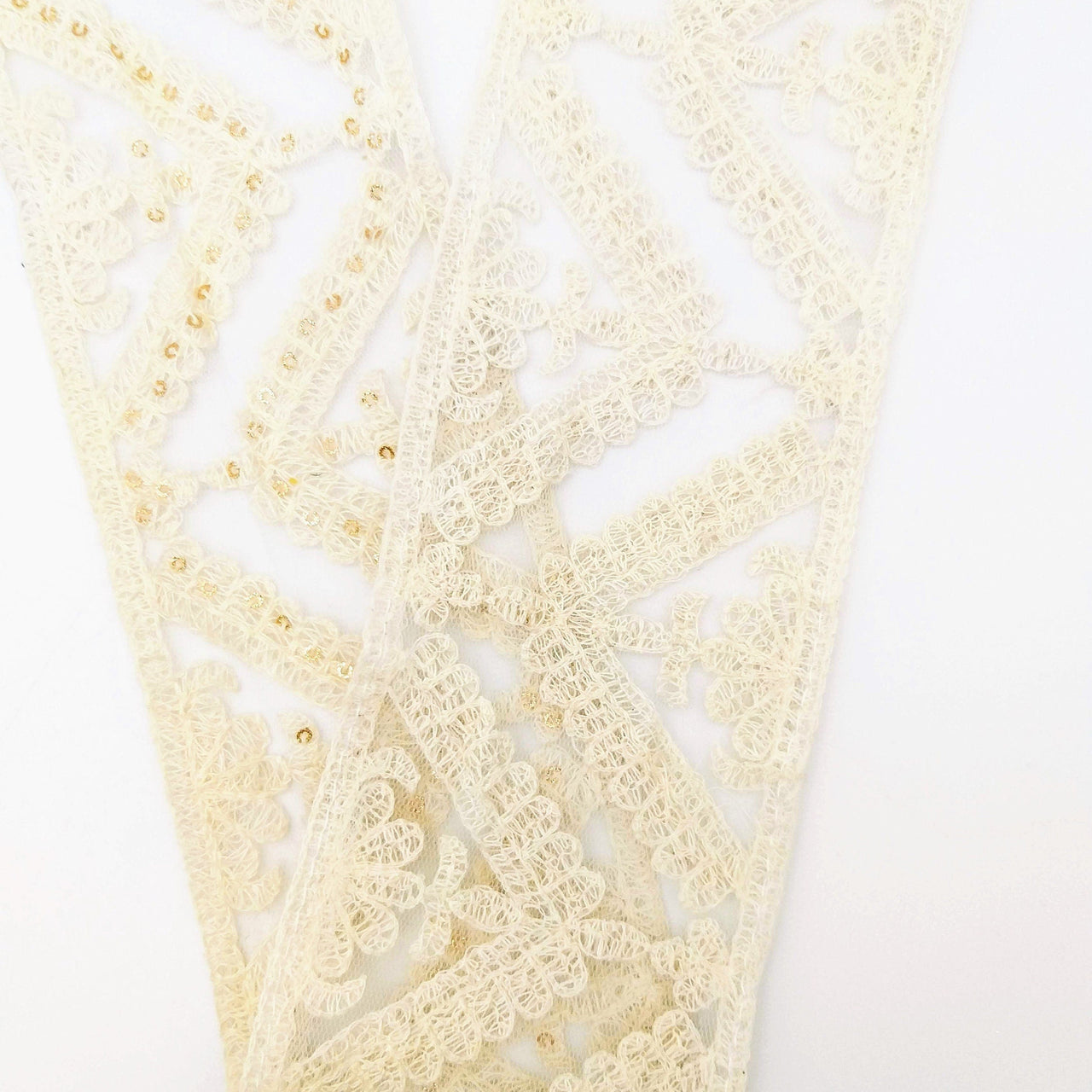 White Soft Net Lace Trim With Floral Embroidery And Gold Sequins, Sequinned Trim, Wedding Trim Bridal Trim