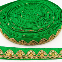 Thumbnail for Green Art Silk Trim with Gold Embroidery and Sequins Indian Sari Border Trim By 3 Yards Decorative Trim Craft Lace