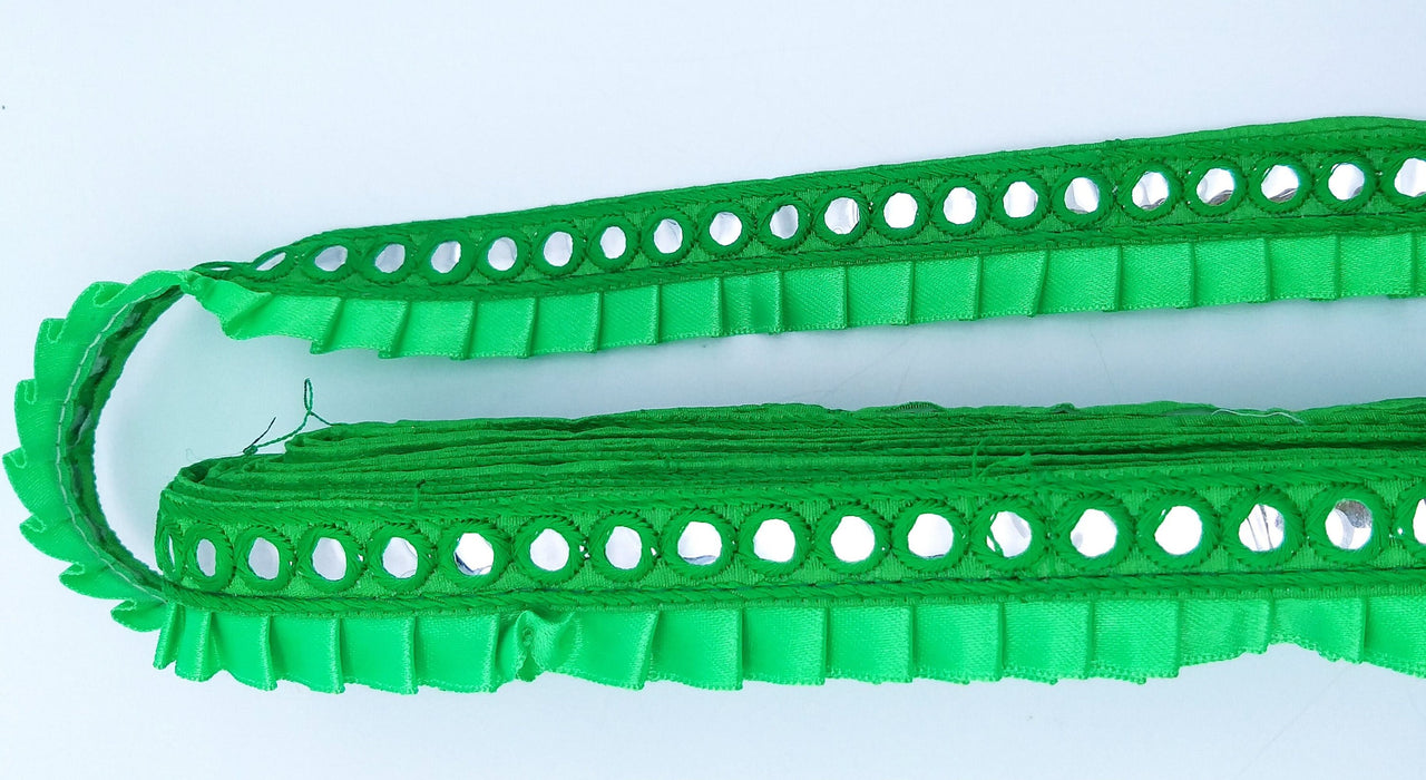 Green Satin Pleated Lace Trim, Mirrored Fringe Trimming, Approx. 30mm wide