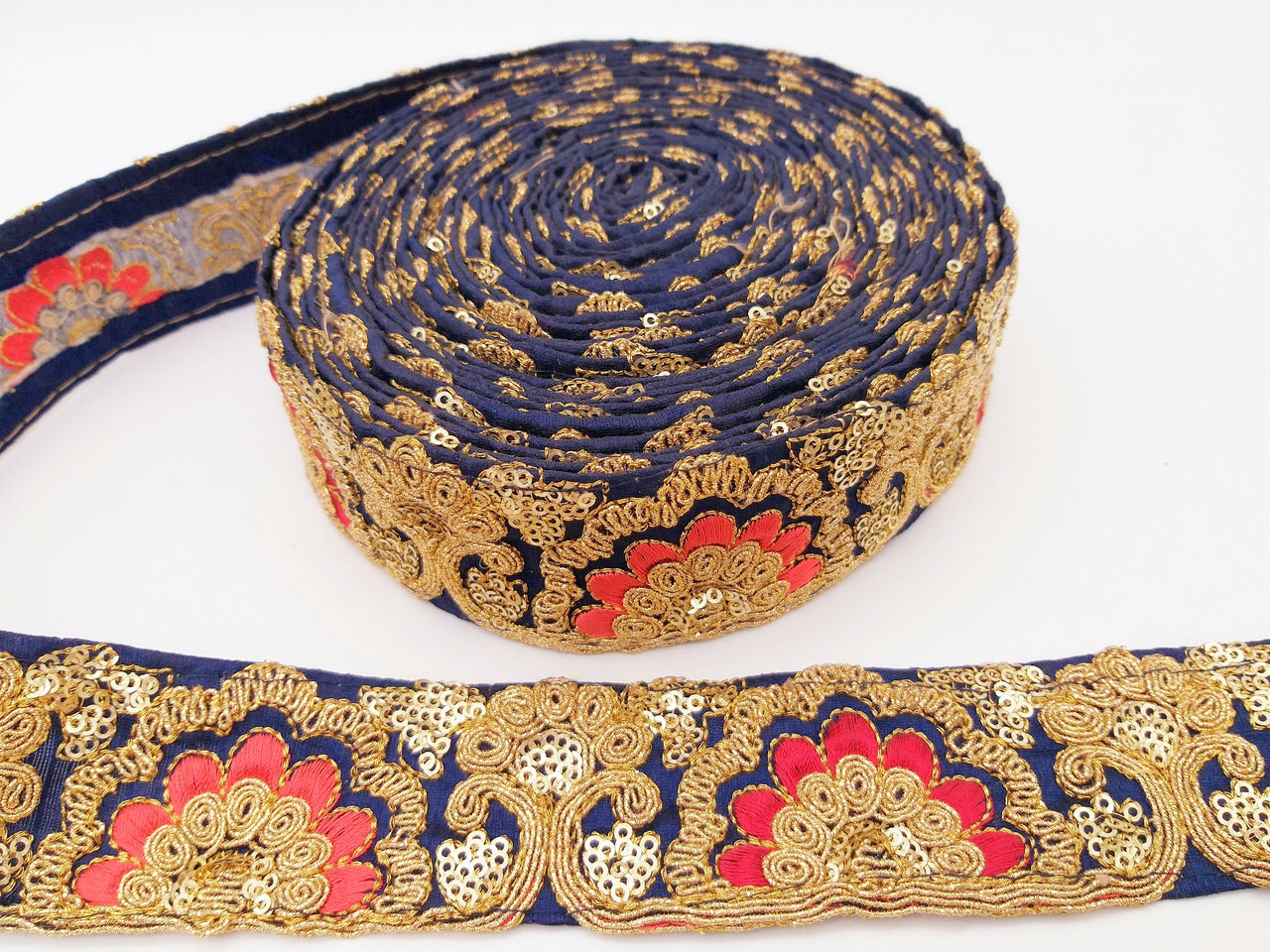 Navy Blue Art Silk Trim With Intricate Floral Embroidery With Sequins, Lace Trim, Indian Lace Trim