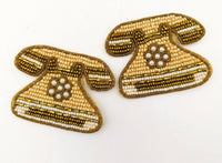 Thumbnail for Retro Telephone Beaded Applique, Hand Embroidered In Beige, Bronze And Beige Beads