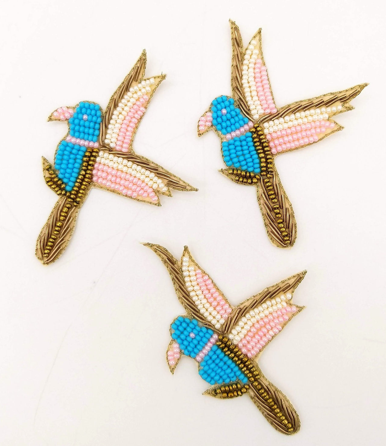 Bird Beaded Applique, Hand Embroidered In Blue And Pink Beads, Beaded Motif