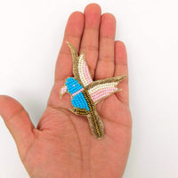 Thumbnail for Bird Beaded Applique, Hand Embroidered In Blue And Pink Beads, Beaded Motif