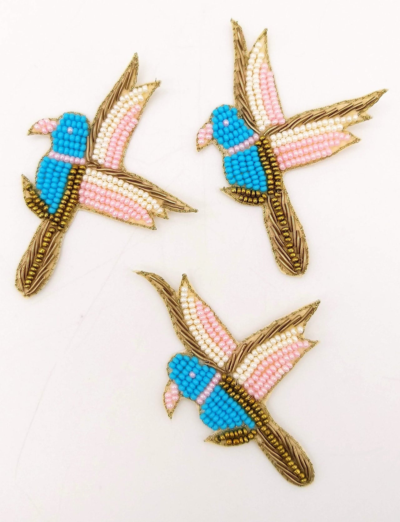 Bird Beaded Applique, Hand Embroidered In Blue And Pink Beads, Beaded Motif