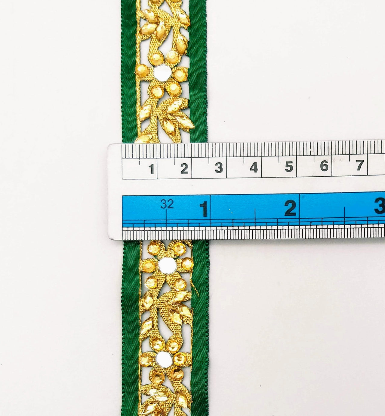 Dark Green Satin Ribbon Floral Cutwork Lace Trim Embellished with Real Mirrors and Kundan Beads, Decorative Trim, Trim By 3 Yards