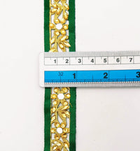 Thumbnail for Dark Green Satin Ribbon Floral Cutwork Lace Trim Embellished with Real Mirrors and Kundan Beads, Decorative Trim, Trim By 3 Yards