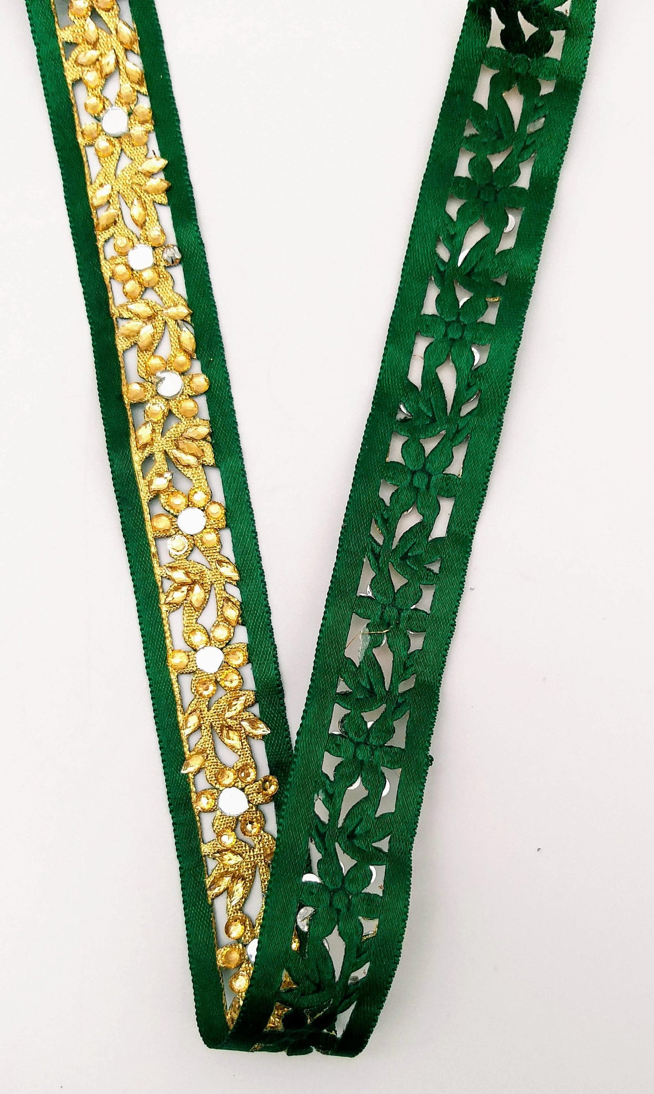 Dark Green Satin Ribbon Floral Cutwork Lace Trim Embellished with Real Mirrors and Kundan Beads, Decorative Trim, Trim By 3 Yards