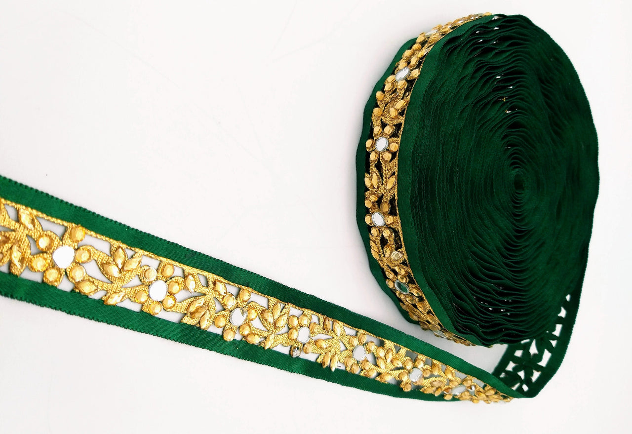 Dark Green Satin Ribbon Floral Cutwork Lace Trim Embellished with Real Mirrors and Kundan Beads, Decorative Trim, Trim By 3 Yards