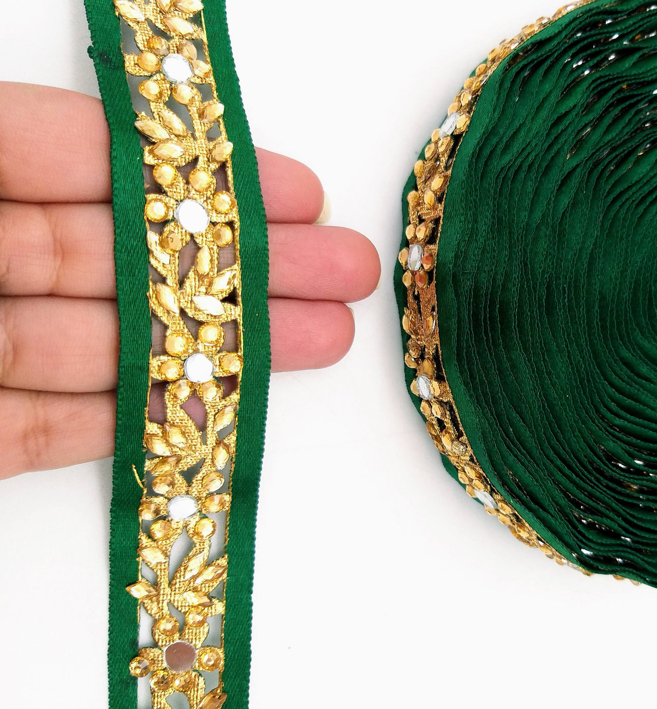 Dark Green Satin Ribbon Floral Cutwork Lace Trim Embellished with Real Mirrors and Kundan Beads, Decorative Trim, Trim By 3 Yards