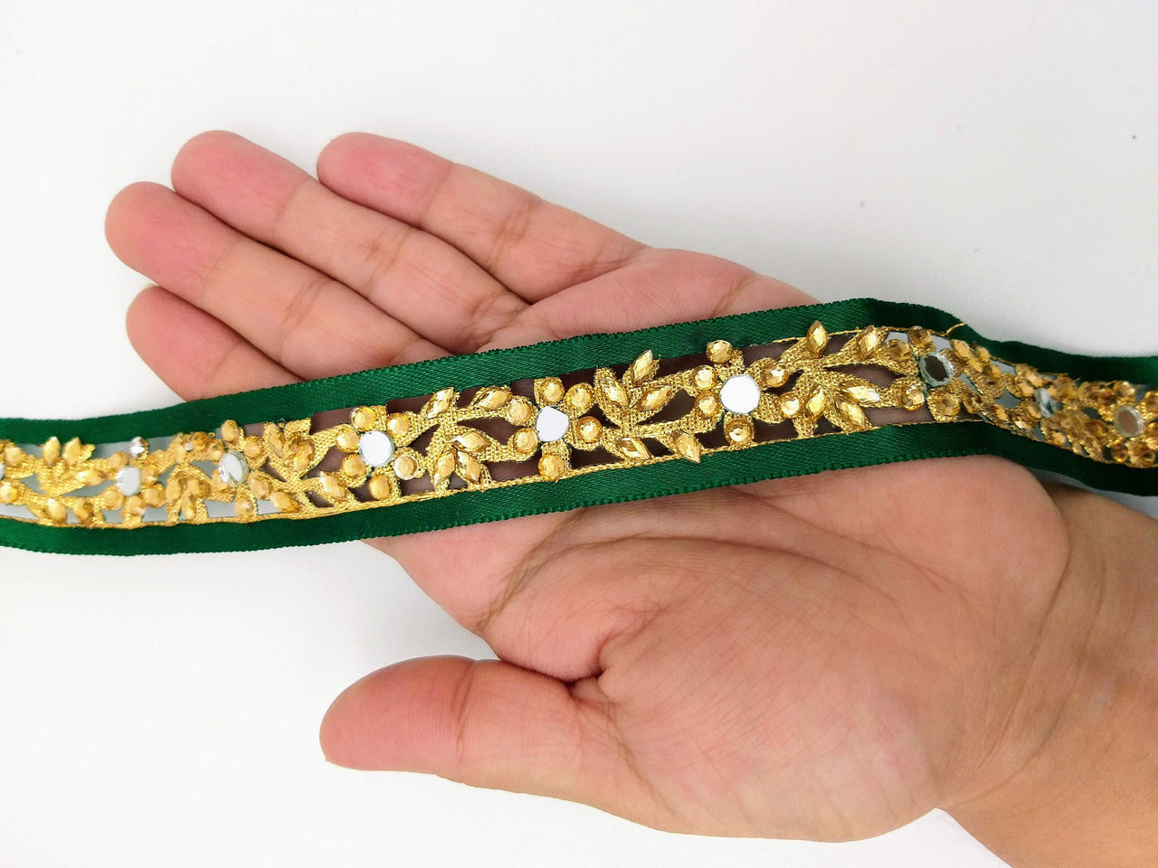 Dark Green Satin Ribbon Floral Cutwork Lace Trim Embellished with Real Mirrors and Kundan Beads, Decorative Trim, Trim By 3 Yards