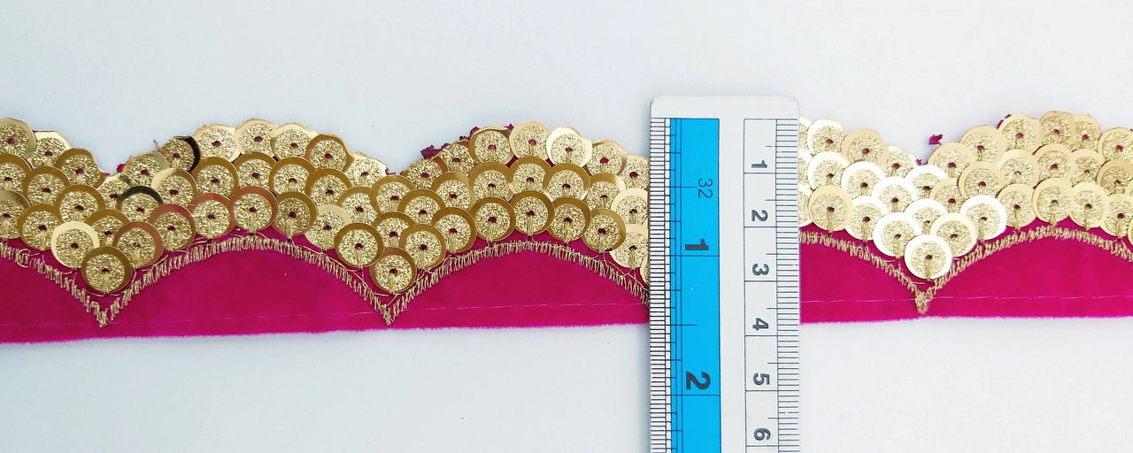 Fuchsia Pink Velvet Fabric Trim With Gold Embroidery Sequins, Approx 40mm Wide, Trim By Yard