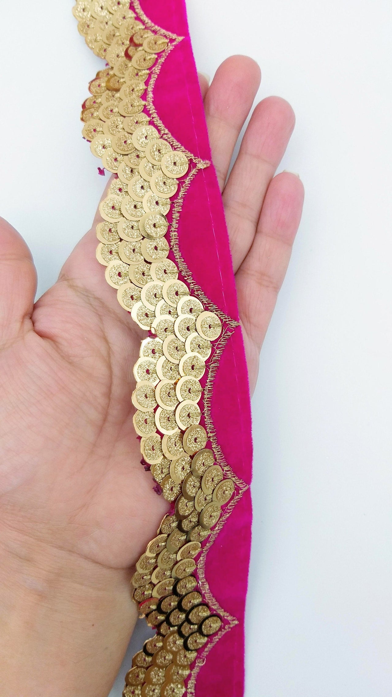 Fuchsia Pink Velvet Fabric Trim With Gold Embroidery Sequins, Approx 40mm Wide, Trim By Yard