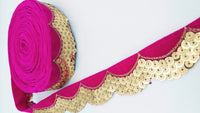 Thumbnail for Fuchsia Pink Velvet Fabric Trim With Gold Embroidery Sequins, Approx 40mm Wide, Trim By Yard