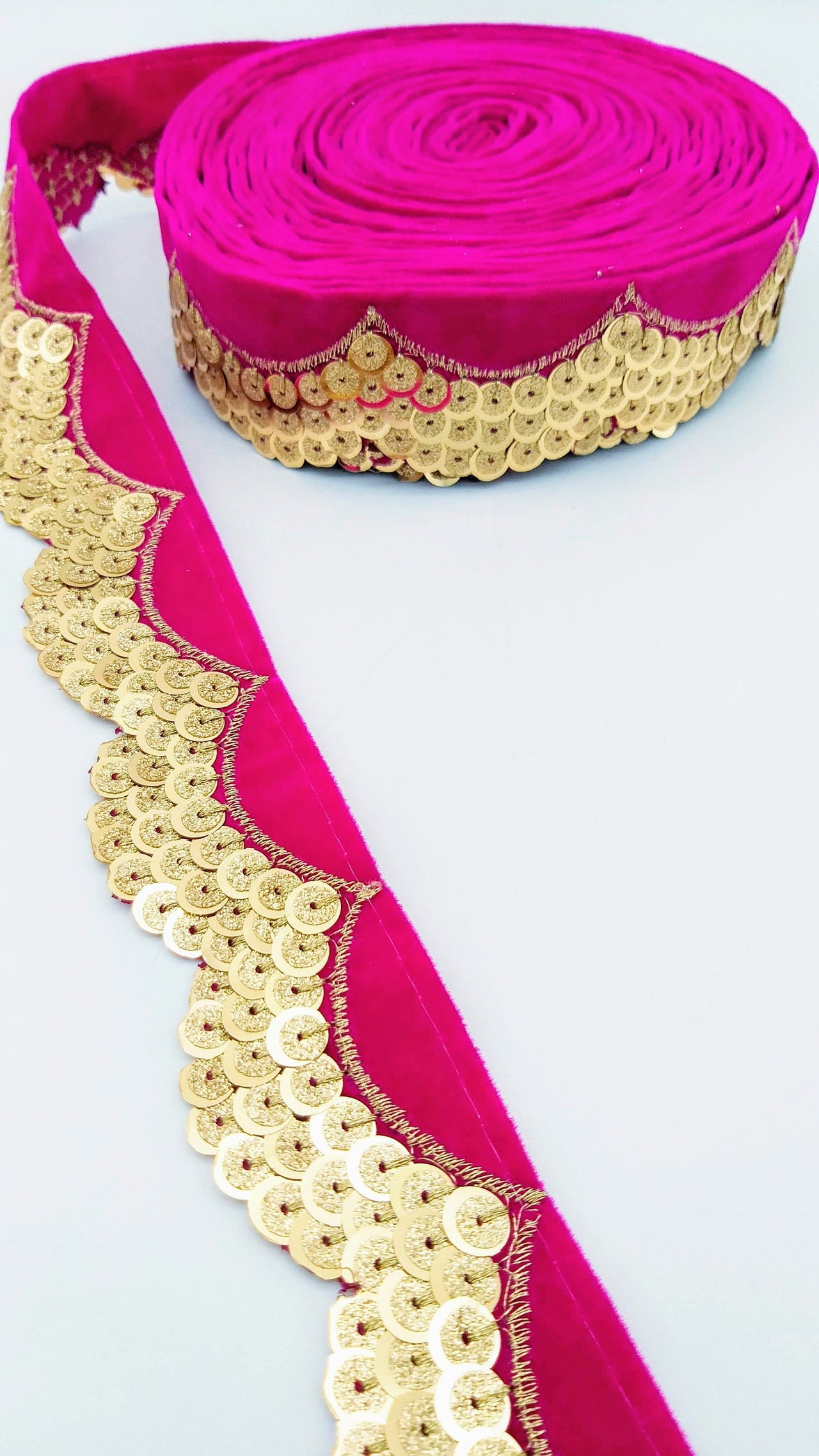 Fuchsia Pink Velvet Fabric Trim With Gold Embroidery Sequins, Approx 40mm Wide, Trim By Yard