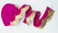 Thumbnail for Fuchsia Pink Velvet Fabric Trim With Gold Embroidery Sequins, Approx 40mm Wide, Trim By Yard