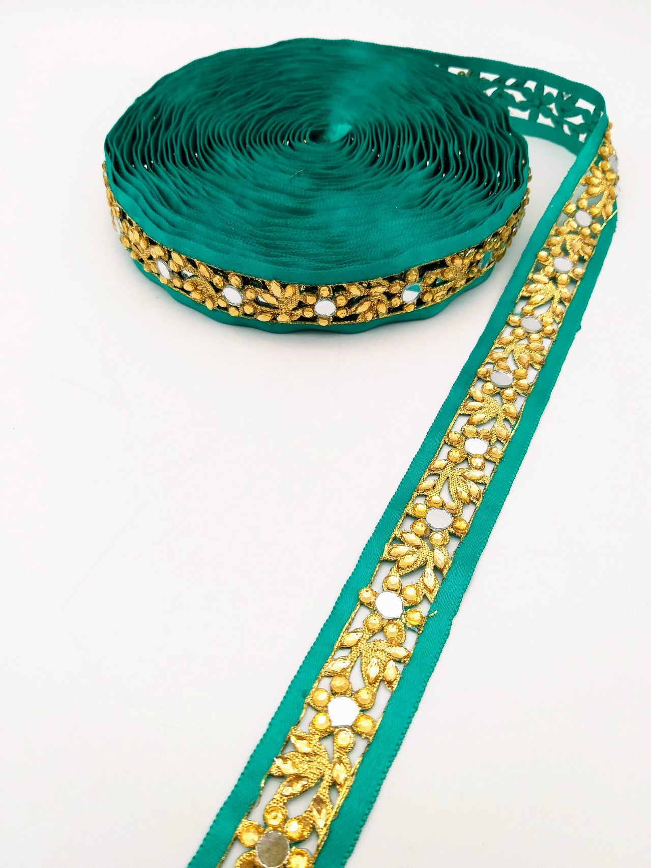 Dark Green Satin Ribbon Floral Cutwork Lace Trim Embellished with Real Mirrors and Kundan Beads, Decorative Trim, Trim By 3 Yards