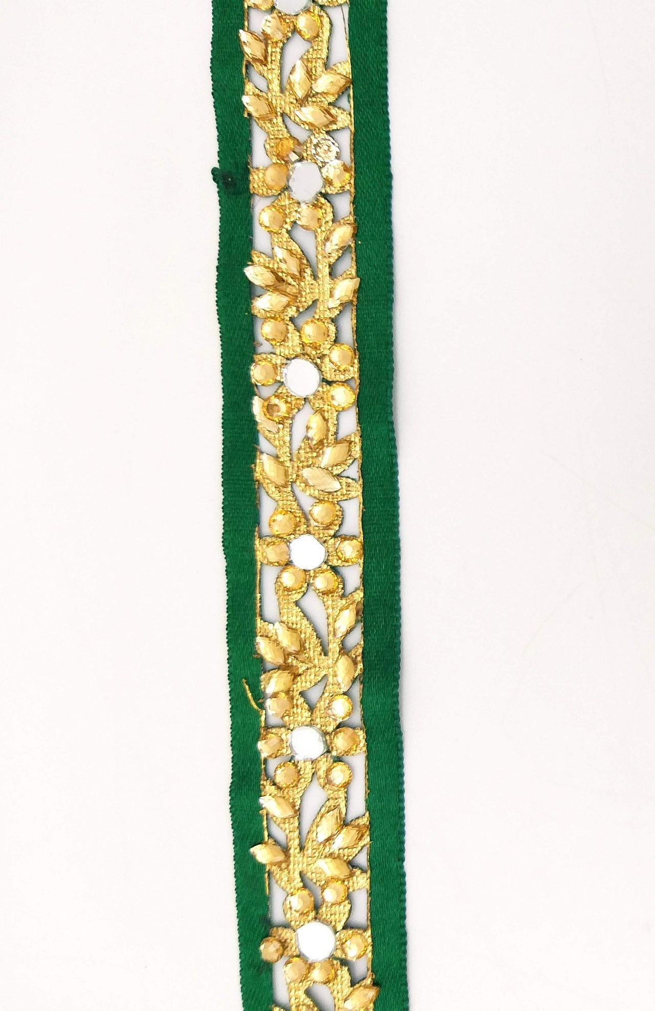 Dark Green Satin Ribbon Floral Cutwork Lace Trim Embellished with Real Mirrors and Kundan Beads, Decorative Trim, Trim By 3 Yards