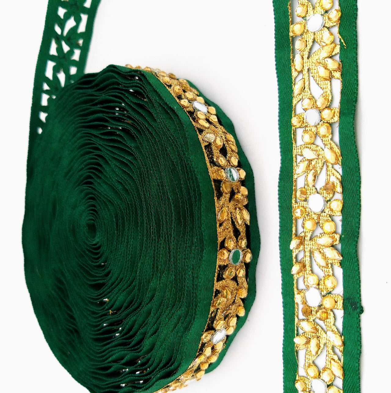 Dark Green Satin Ribbon Floral Cutwork Lace Trim Embellished with Real Mirrors and Kundan Beads, Decorative Trim, Trim By 3 Yards