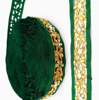 Thumbnail for Dark Green Satin Ribbon Floral Cutwork Lace Trim Embellished with Real Mirrors and Kundan Beads, Decorative Trim, Trim By 3 Yards