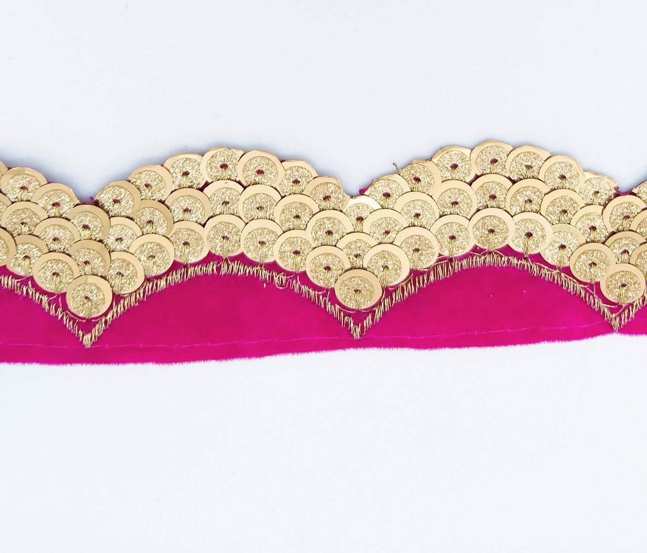 Fuchsia Pink Velvet Fabric Trim With Gold Embroidery Sequins, Approx 40mm Wide, Trim By Yard