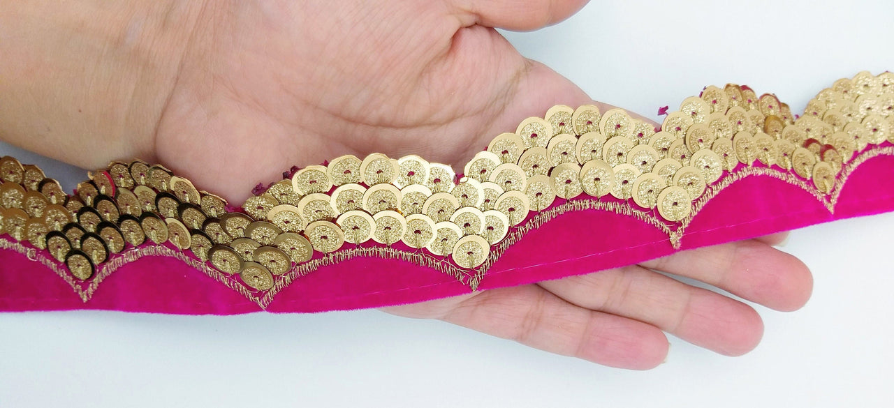 Fuchsia Pink Velvet Fabric Trim With Gold Embroidery Sequins, Approx 40mm Wide, Trim By Yard