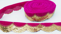 Thumbnail for Fuchsia Pink Velvet Fabric Trim With Gold Embroidery Sequins, Approx 40mm Wide, Trim By Yard