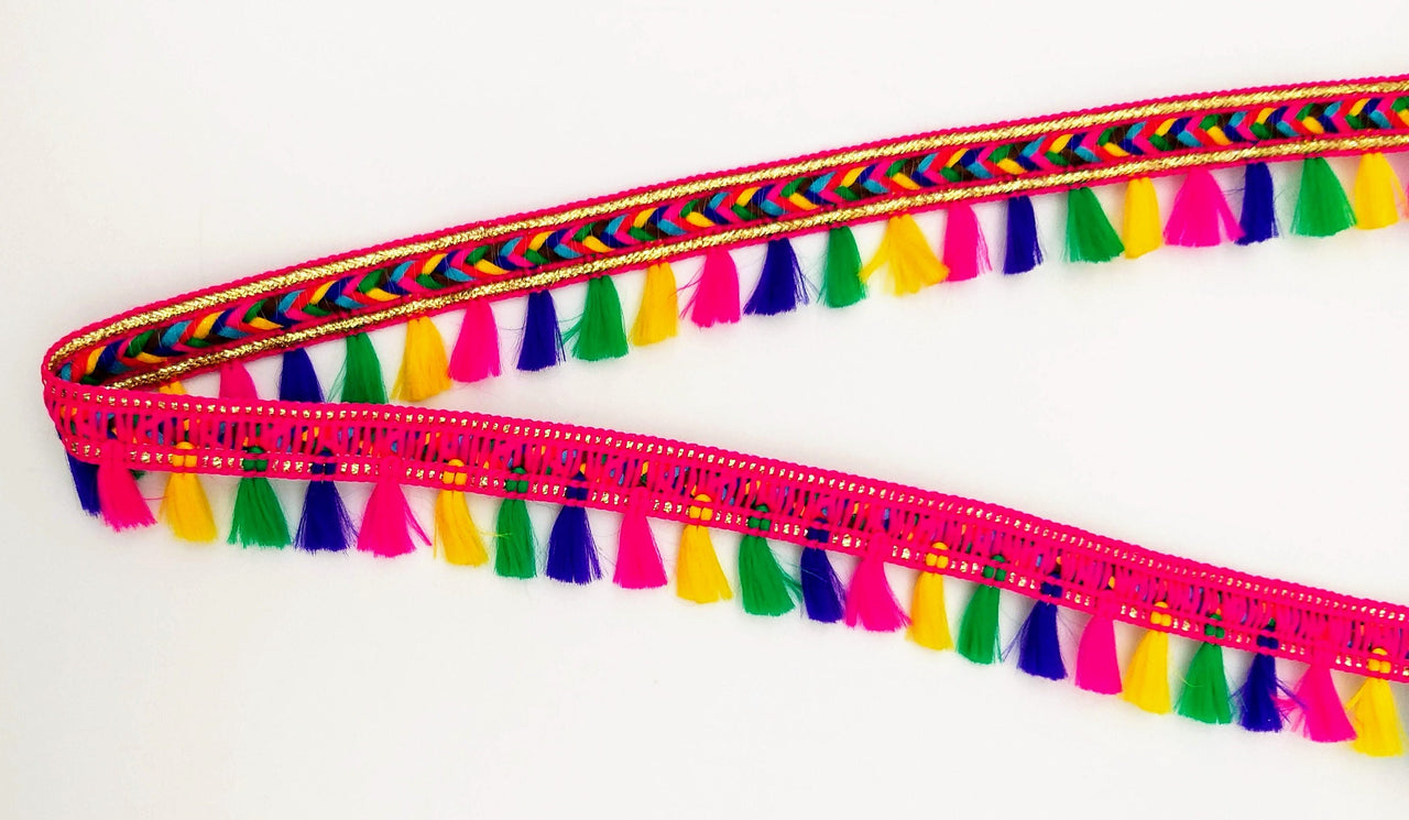 Pink And Multicoloured Braided Fringe Thread Lace Trim, Rainbow Tassels Trim, Fringe Trimming