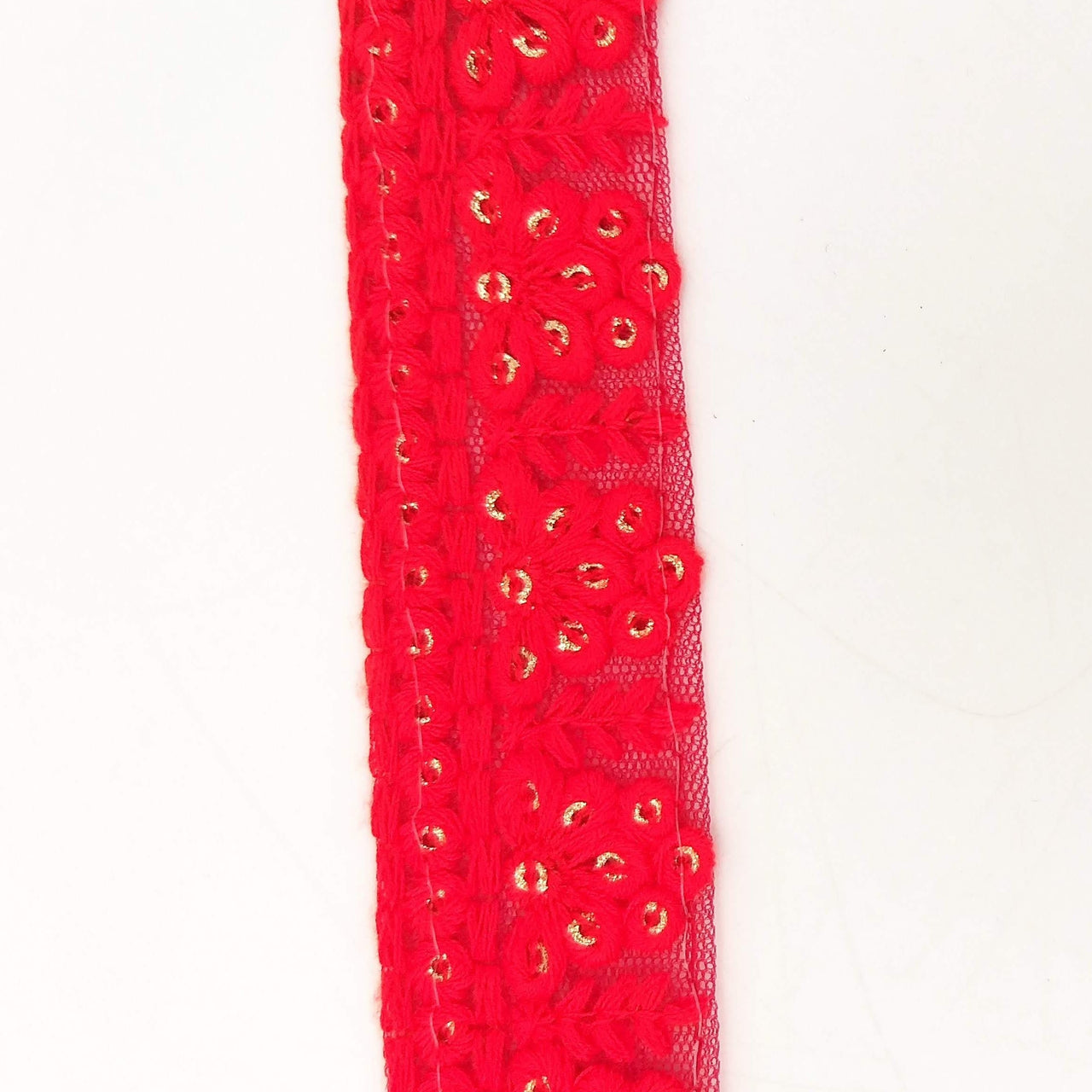 Red Net Lace Trim With Floral Embroidery And Gold Sequins, Sequinned Trim, Wedding Trim Bridal Trim