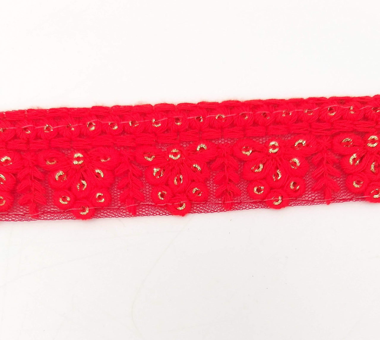 Red Net Lace Trim With Floral Embroidery And Gold Sequins, Sequinned Trim, Wedding Trim Bridal Trim