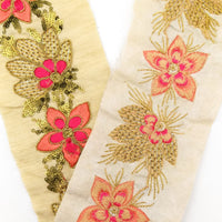 Thumbnail for Beige Silk Fabric Trim, Peach, Pink & Gold Floral Embroidery Indian Sari Border Trim By Yard Decorative Trim Craft Lace