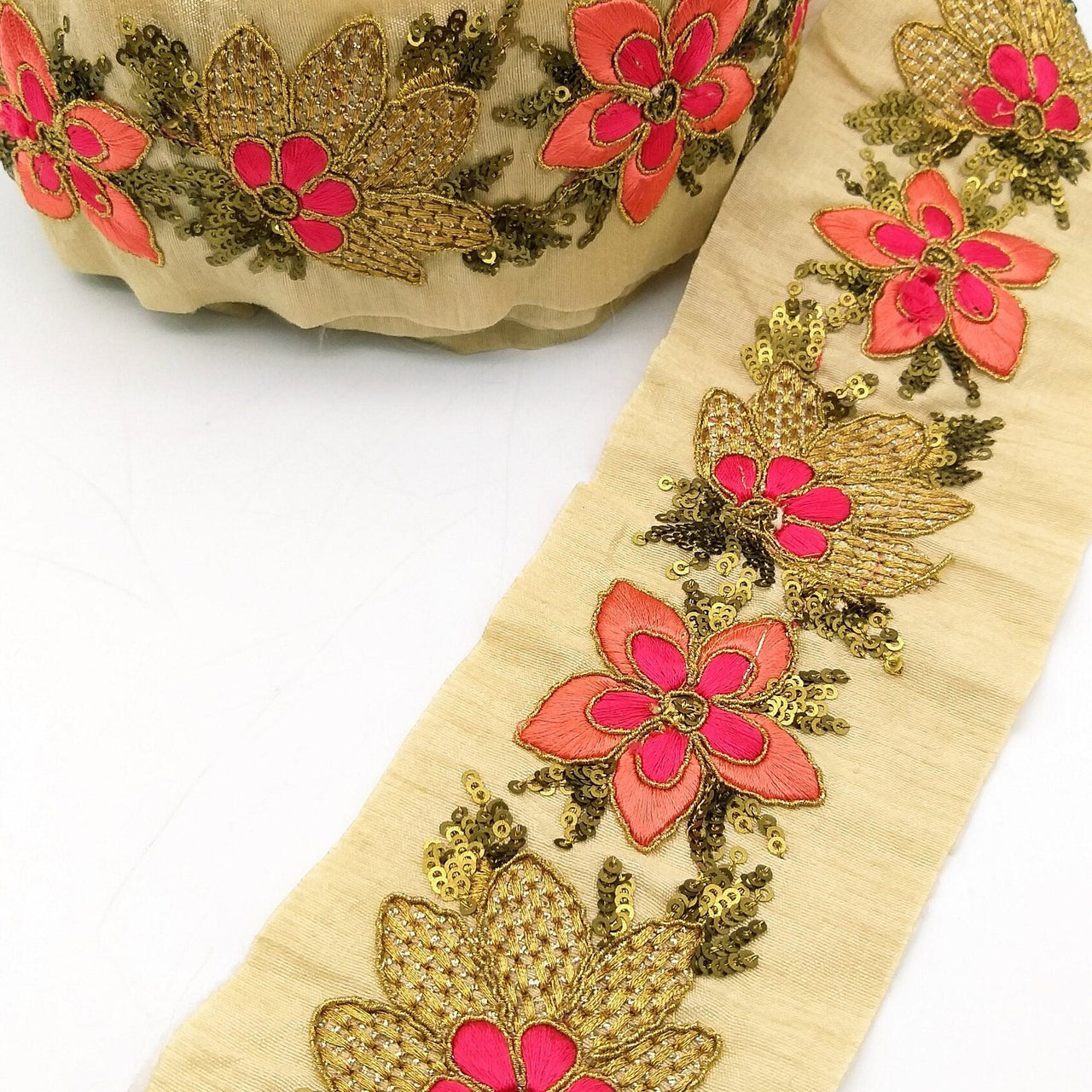 Beige Silk Fabric Trim, Peach, Pink & Gold Floral Embroidery Indian Sari Border Trim By Yard Decorative Trim Craft Lace