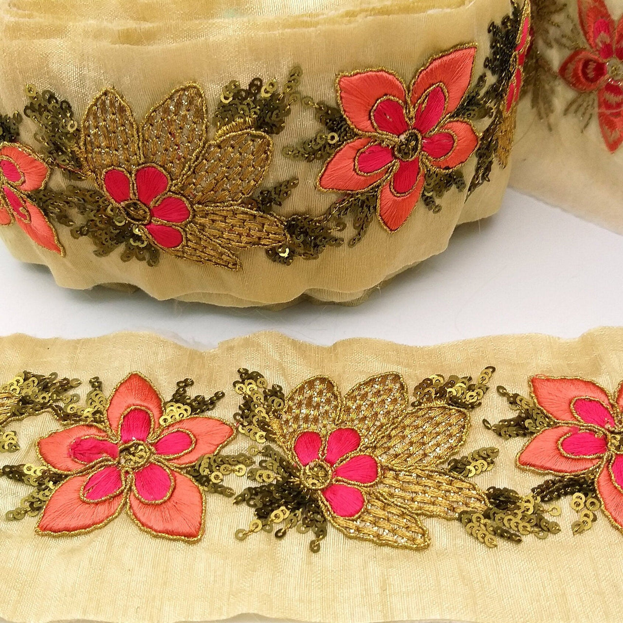 Beige Silk Fabric Trim, Peach, Pink & Gold Floral Embroidery Indian Sari Border Trim By Yard Decorative Trim Craft Lace