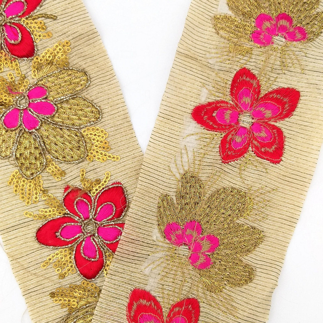 Beige Silk Fabric Trim, Red, Pink & Gold Floral Embroidery Indian Sari Border Trim By Yard Decorative Trim Craft Lace