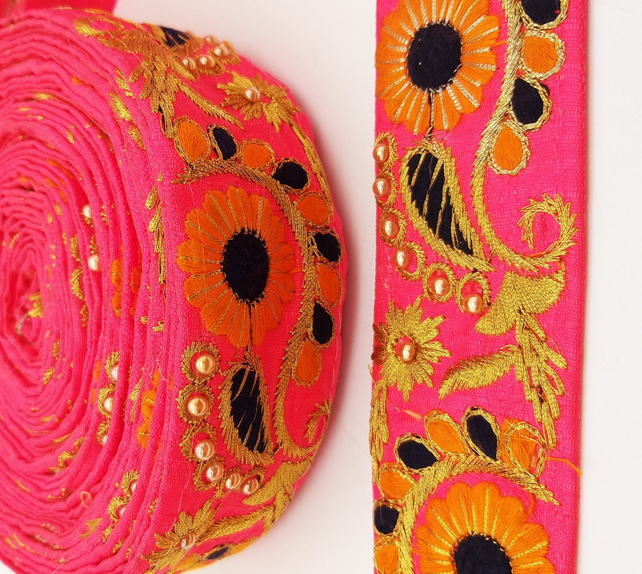 Pink Art Silk Lace Trim, Floral Embroidery in Orange, Black and Gold