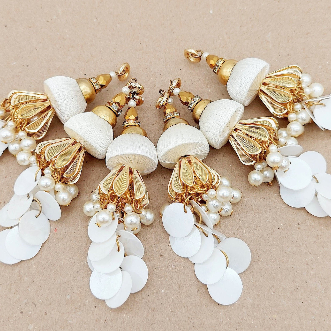 Handcrafted White And Gold Tassels Latkan In White Sequins and Pearl Beads, Indian Latkans, Sewing Latkans