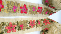 Thumbnail for Beige Silk Fabric Trim, Red, Pink & Gold Floral Embroidery Indian Sari Border Trim By Yard Decorative Trim Craft Lace