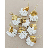 Thumbnail for Gold Engraved Diamond Charm With Flatback Off White Beaded Tassels Latkan, Indian Latkans, Gold And Off White Beaded Danglers