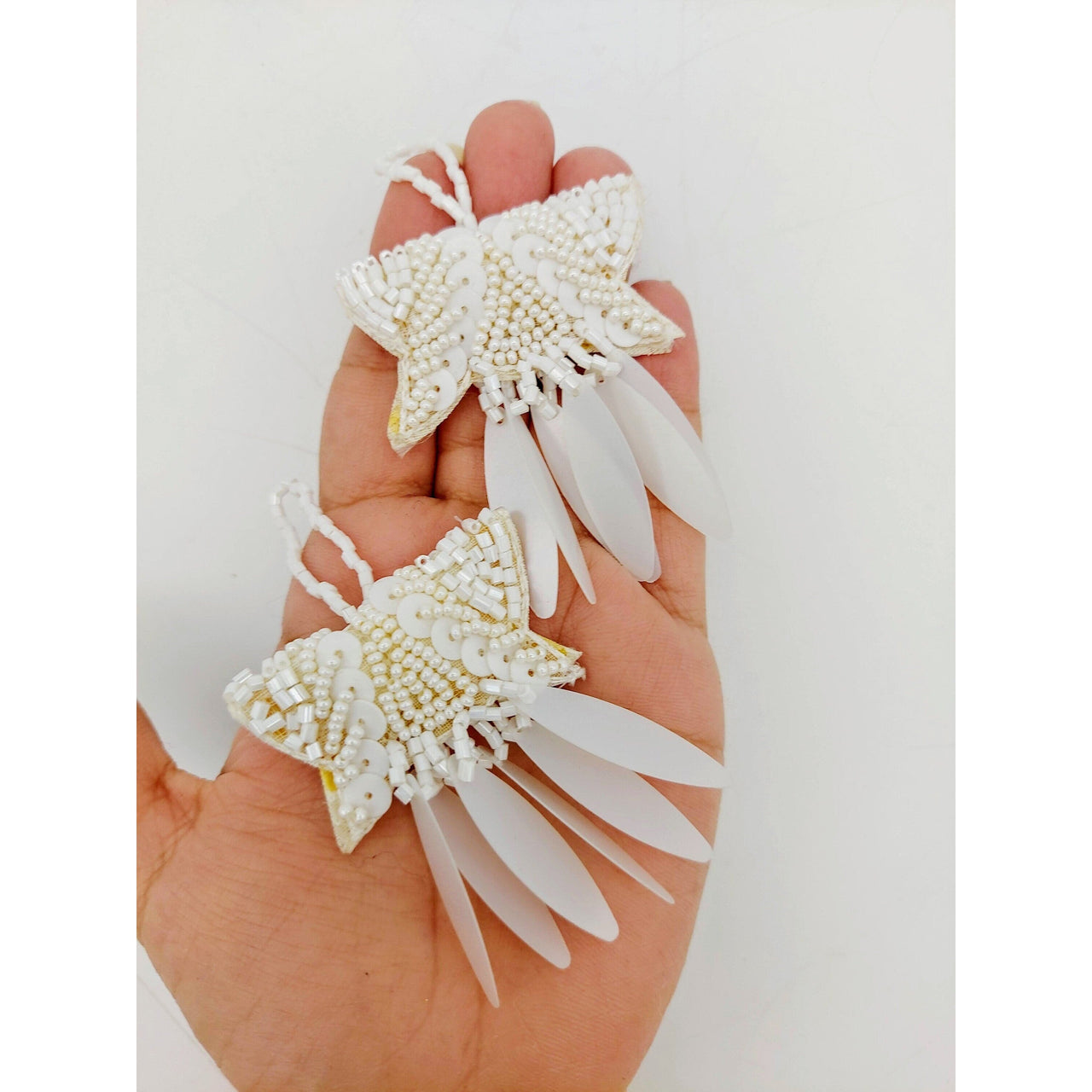 White Handmade Beaded Tassels With Long Sequins, Sequin Latkan, Beaded Latkans