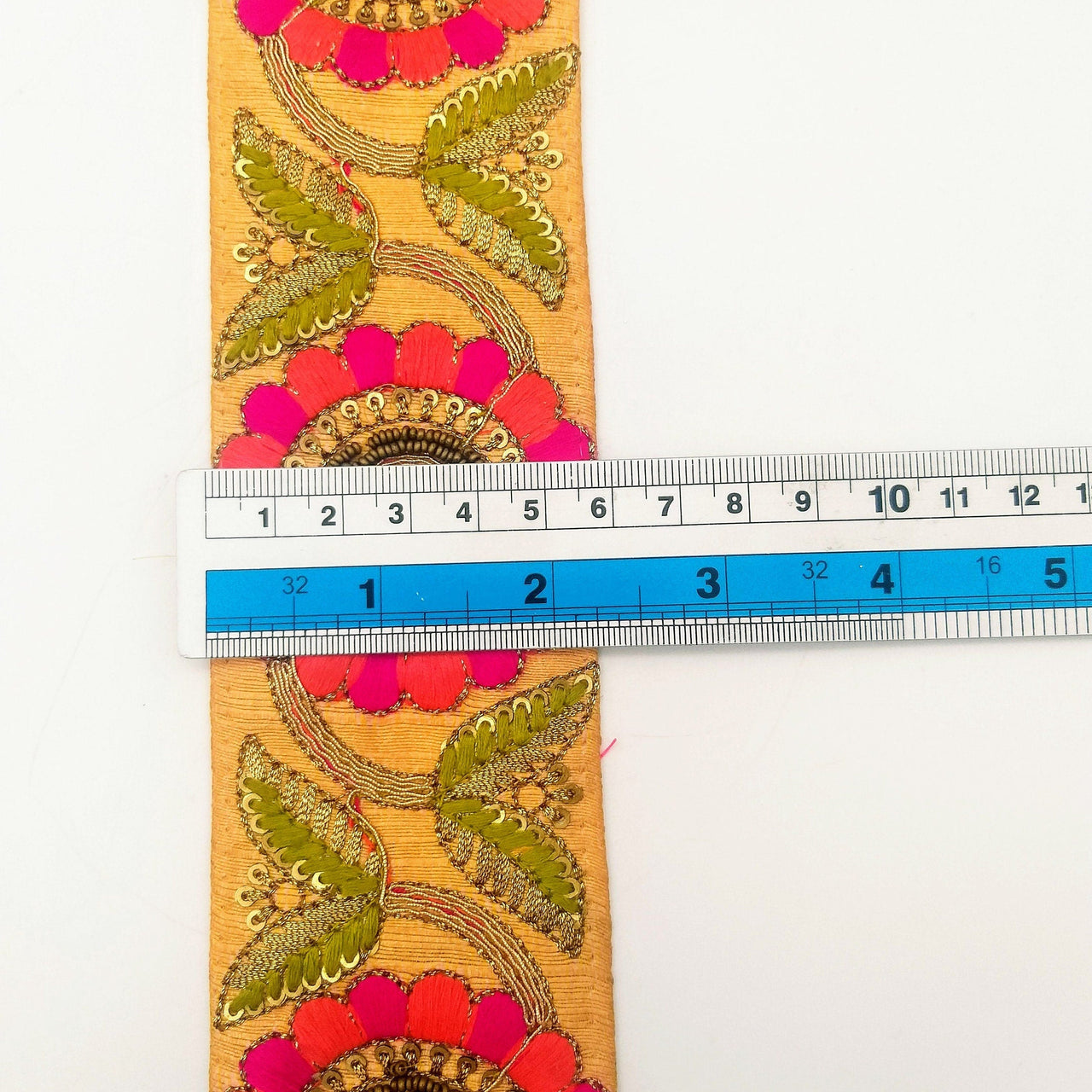 Orange Art Silk Lace Trim, Floral Embroidery in Green, Salmon and Fuchsia